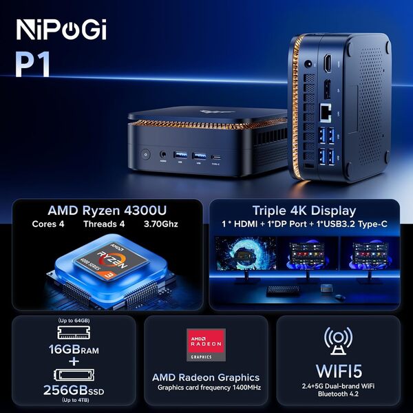 NiPoGi Pinova P1 Mini PC AΜD Ryzen 4300U W11 Pro(4C/4T,3.7GHz,Mieux que 3500U/3200U/N150)16Go DDR4 RAM+256Go SSD Extensible Ordinateur de Bureau 4K Triple Display/WiFi5/BT4.2/LAN Éducation Multimédia
