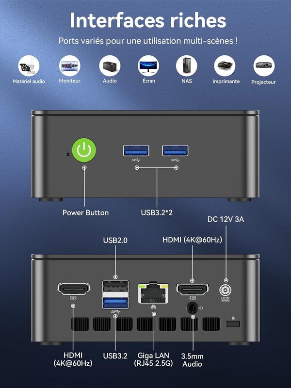 GMKtec Mini PC Ordinateurs N95 (Turbo 3,4 GHz) 16 Go DDR4 512 Go SSD Ordinateur de Bureau 4K Dual HDMI Affichage/3x USB 3.2/WiFi 5 BT5.0/RJ45 Ethernet Nucbox G3S