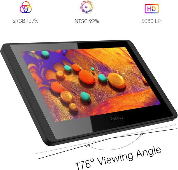 Bisofice Tablette Graphique Tablette de Dessin avec écran, 11,6 Pouces, Full HD, Stylet sans Batterie, Compatible Windows et Mac, Parfaite pour Le Dessin, Le Travail à Distance et l'apprentissage