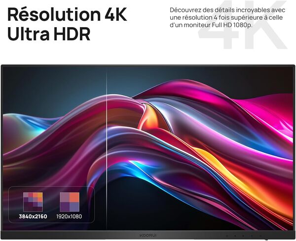 KOORUI N07 27 Pouces Écran PC, 4K Moniteur UHD(3840x2160), IPS 60Hz HDR10 Adaptive Sync, 2X HDMI 2.0 & DisplayPort 1.4, VESA 100x100mm, Soins des Yeux