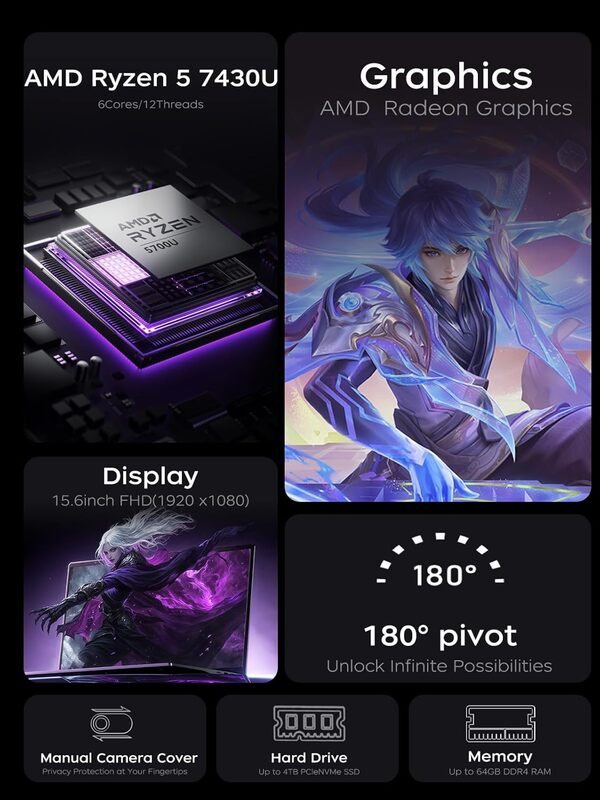 ACEMAGIC 2025 Ordinateur Portable Ryzen 5 7430U (6 Core 4,3GHz) 16 Go RAM DDR4*2, M.2 SSD 512 Go PC Portable 15,6 Pouces 1080 FHD,3*USB 3.2, BT5.2,HDMI,Type-C,3 Mode Batterie,WiFi 6