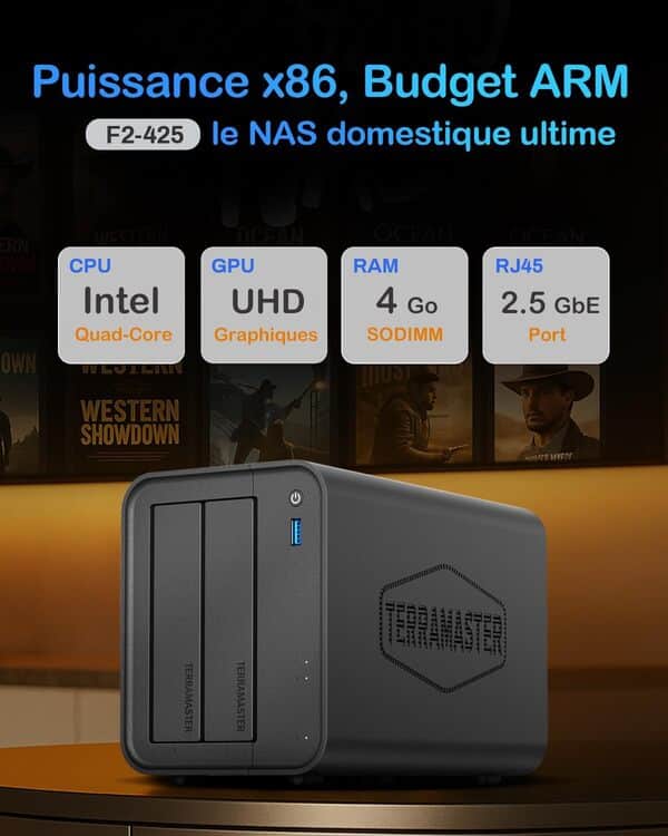 TERRAMASTER F2-425 - NAS 2 Baies - Processeur Quad-Core N5095, 4GB Mémoire DDR4, LAN 2.5GbE, Serveur Multimédia de Stockage en Réseau pour Utilisateurs Domestiques (sans Disque)