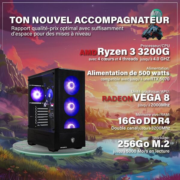 Gaming Pc Essential - Ordinateur avec AMD Ryzen 3 3200G à 4,0 GHz | Vega 8 | 16 Go RAM DDR4 | Disque Dur SSD de 256 Go | Tour Gaming | Wi-FI | Windows 11 Pro