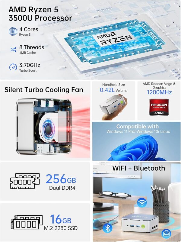 GMKtec G10 Mini PC Ryzen 5 3500U (Plus Puissant Que Le N150), 16 Go RAM, 512 Go SSD, LAN 2,5GbE, Ordinateur de Bureau pour Bureau/Maison, Triple Affichage 4K, WiFi, Bluetooth, USB-C, DP