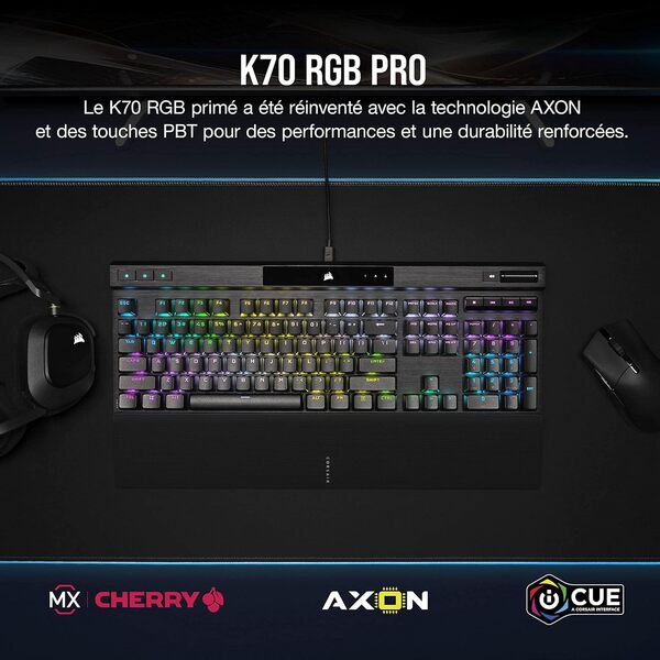 Corsair K70 RGB PRO Clavier Gaming Mécanique Filaire (CHERRY MX RGB Speed Switchs, Taux d’interrogation de 8,000Hz, Touches PRO PBT à Double Injection, Repose-Poignet Doux) AZERTY, FR - Noir