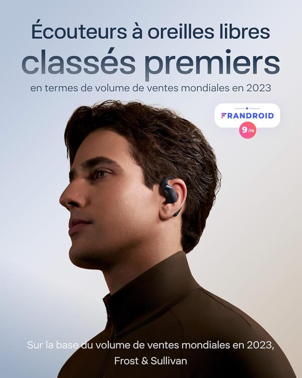 SHOKZ OpenFit 2+ Nouveaux Casques à Oreilles Libres, Dolby Audio, Crochets d’Oreille Souples, 48 Heures d’autonomie, résistance à l’Eau IP55, Recharge sans Fil, avec Sac de Transport, Noir