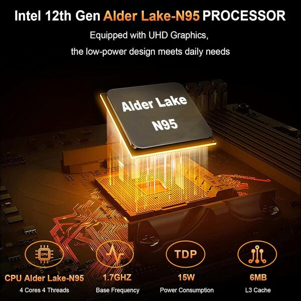 DREAMFYRE Mini PC 8Go LPDDR4 256Go M.2 SSD, Mini Ordinateur de Bureau Alder Lake-Ν95 (jusqu'à 3,4 GHz), 4K@60HZ Triple Screen Display/WiFf 5/RJ45 Gigabit Ethernet/Bluetooth 5.0/VESA pour Bureau