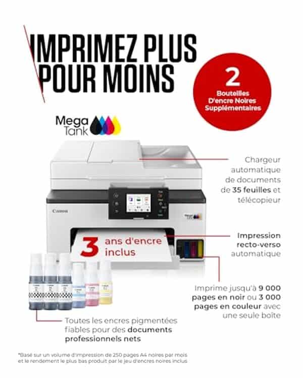 Test approfondi de l'imprimante Canon MAXIFY GX2050 : découvrez ses performances, sa polyvalence et son système d'encre économique pour maison et bureau. 
